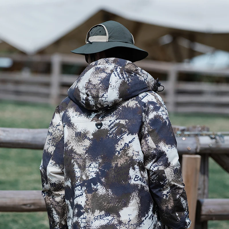 Men Camo Puffer Leisure Hooded Jacket Outdoor Camping Thickened Warm Padding Coat Travel Windproof Winter Windbreaker