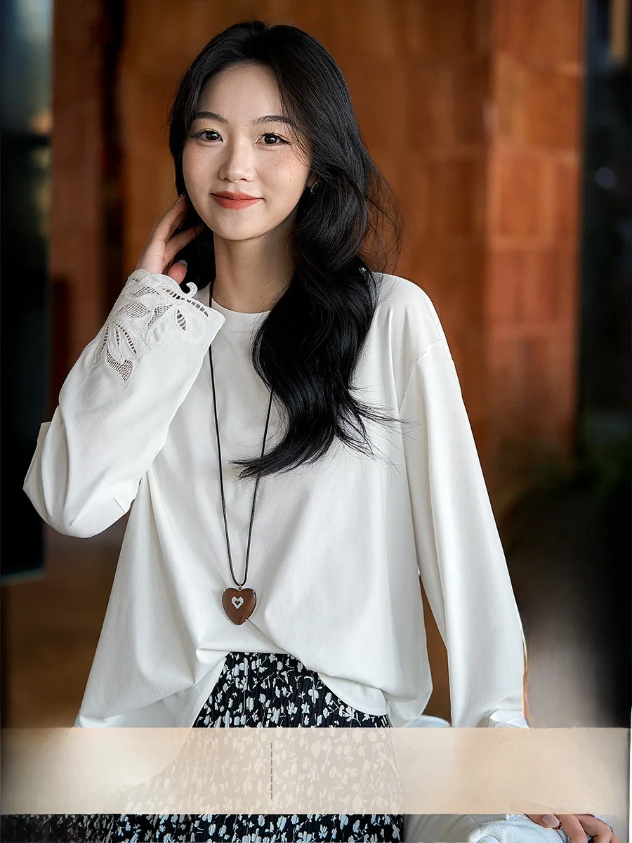 

Художественная футболка с длинным рукавом, вышитая, свободного кроя, в стиле Healing, из хлопка, весенняя новинка, женский повседневный комфортный топ