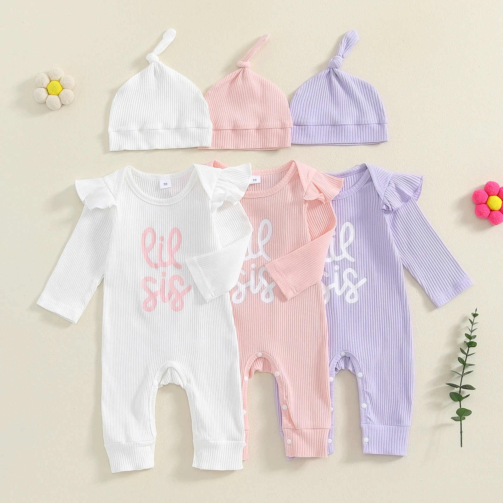 Baby Clothing Girls Autumn Casual Jumpsuit Letter Print Long Sleeve Crew Neck Romper with Hat Newborn Clothes