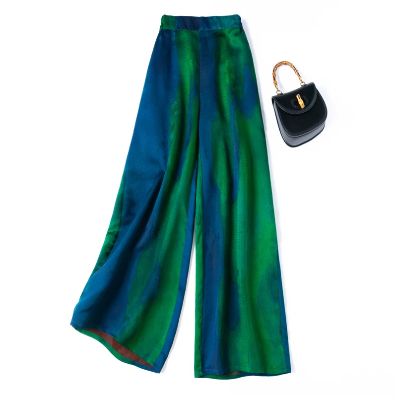 Limited Edition High-end 24MM 100% Natural Mulberry Silk Jacquard Satin Fragrant Cloud Yarn Retro Casual Women's Wide Leg Pants