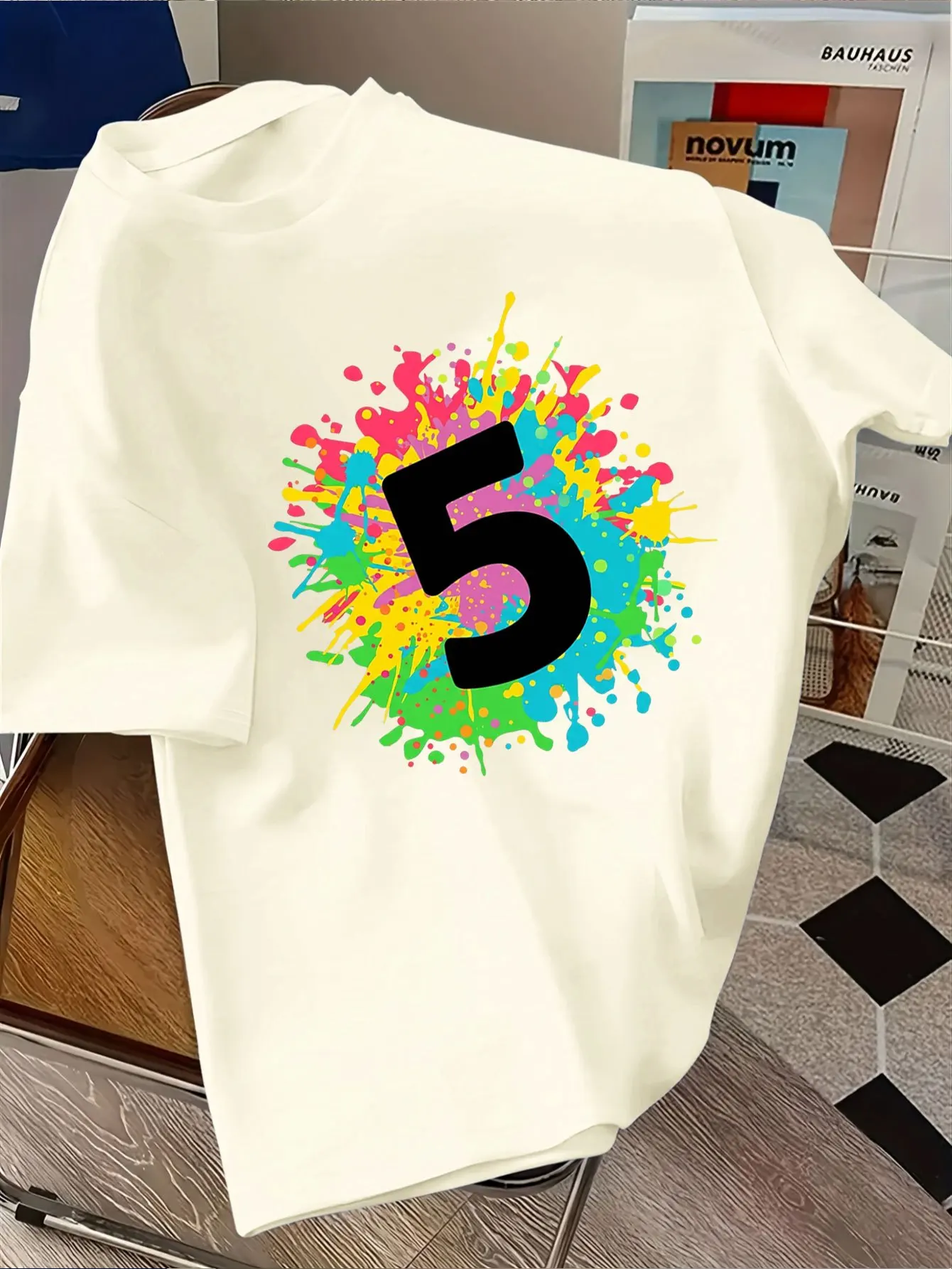 Kids  Cotton Tee Fifth Birthday Number 5 Vibrant Multicolor Paint Splatter Graphic Crew Neck Short Sleeve Party Kids Tops