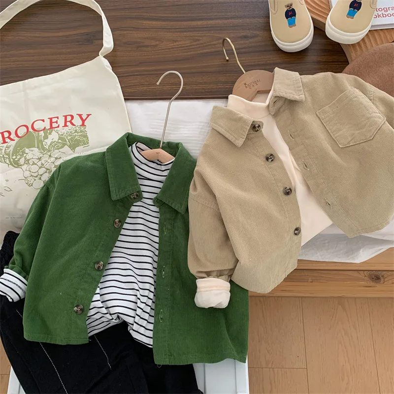 Corduroy Shirt Boys Grils Children Fashionable Solid Simple All-matching Spring Autumn Korean Loose Casual Comfortable