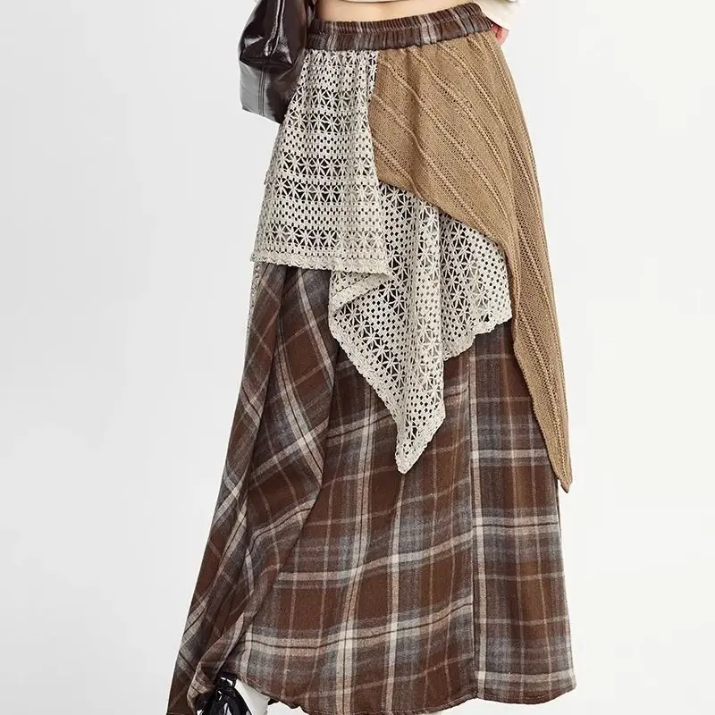 Autumn Winter Woolen Plaid Skirts Women Elastic High Waist Patchwork Irregular Waste Soil Wind Fashion Loose A-line Big Skirt
