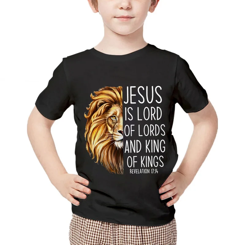 Kids Animal Tshirts Jesus Is Lord of Lords and King of Kings Printed 2024 New Fashion Tee Shirt Girls Boys Cartoon Lion Tshirt