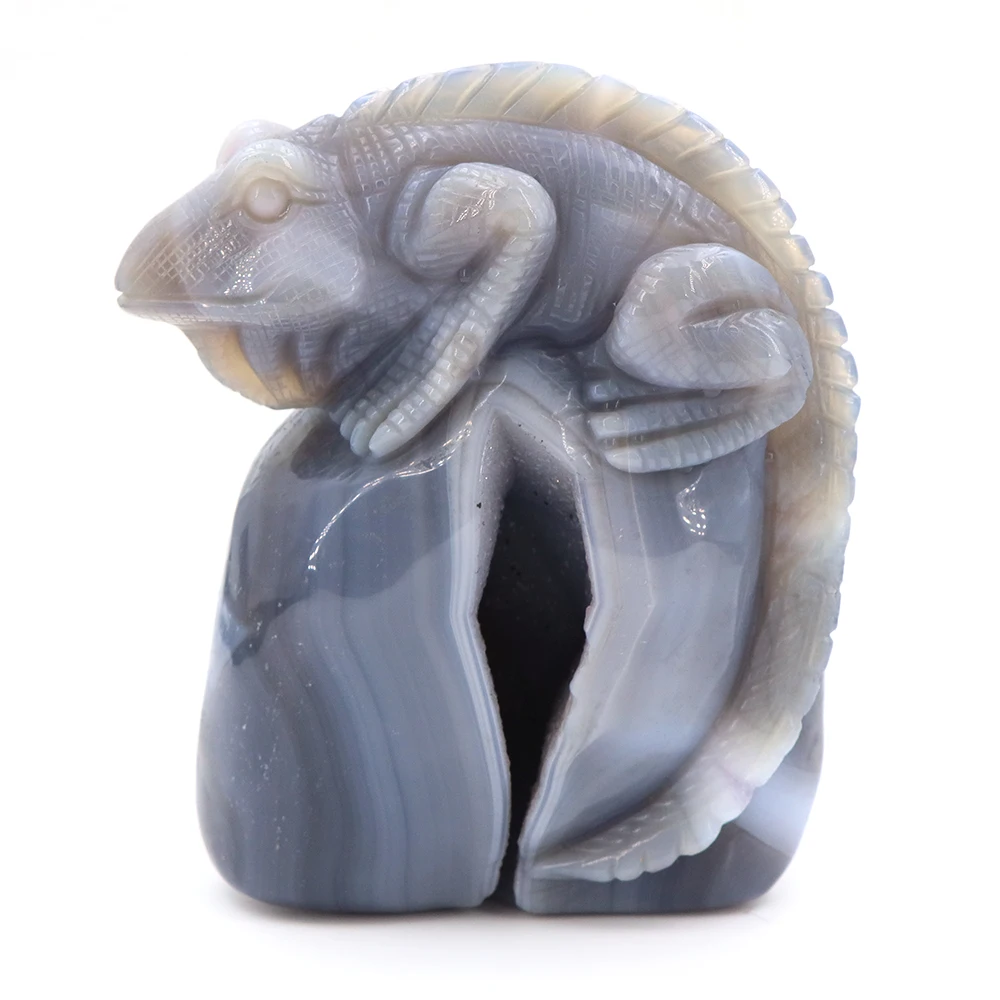Lizard Figurine Natural Gem Gray Agate Geode Crystal Carved Reiki Healing Crystal Animal Statue Handicraft Home Decoration Gifts