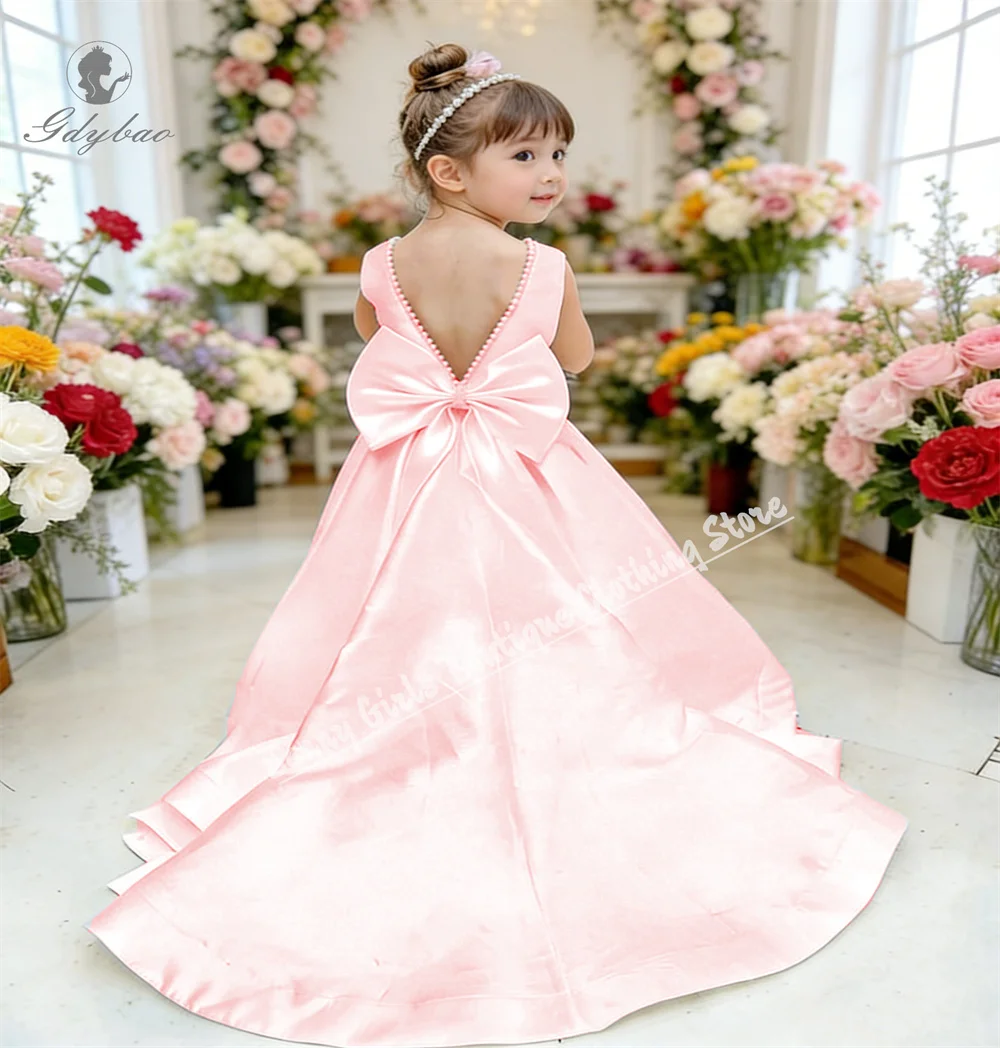 girls-party-dress-wedding-bridesmaid-white-pearl-decoration-bow-sleeveless-satin-birthday-kids-first-communion-formal-evening