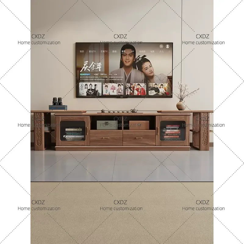 Black Walnut Solid Wood TV Cabinet Modern Simple Storage Locker Living Room Small Apartment Coffee Table and TV Stand