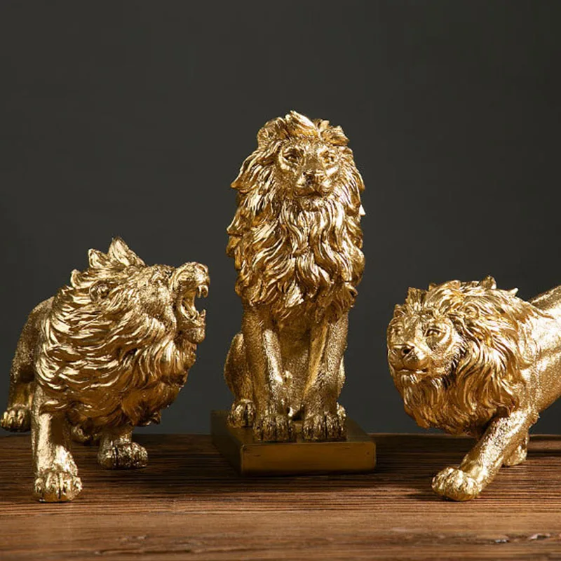 NORTHEUINS Resin Golden The Lion King Figurines for Desktop Luxury Animal Ornaments Home Living Room Office Decor Objects Crafts