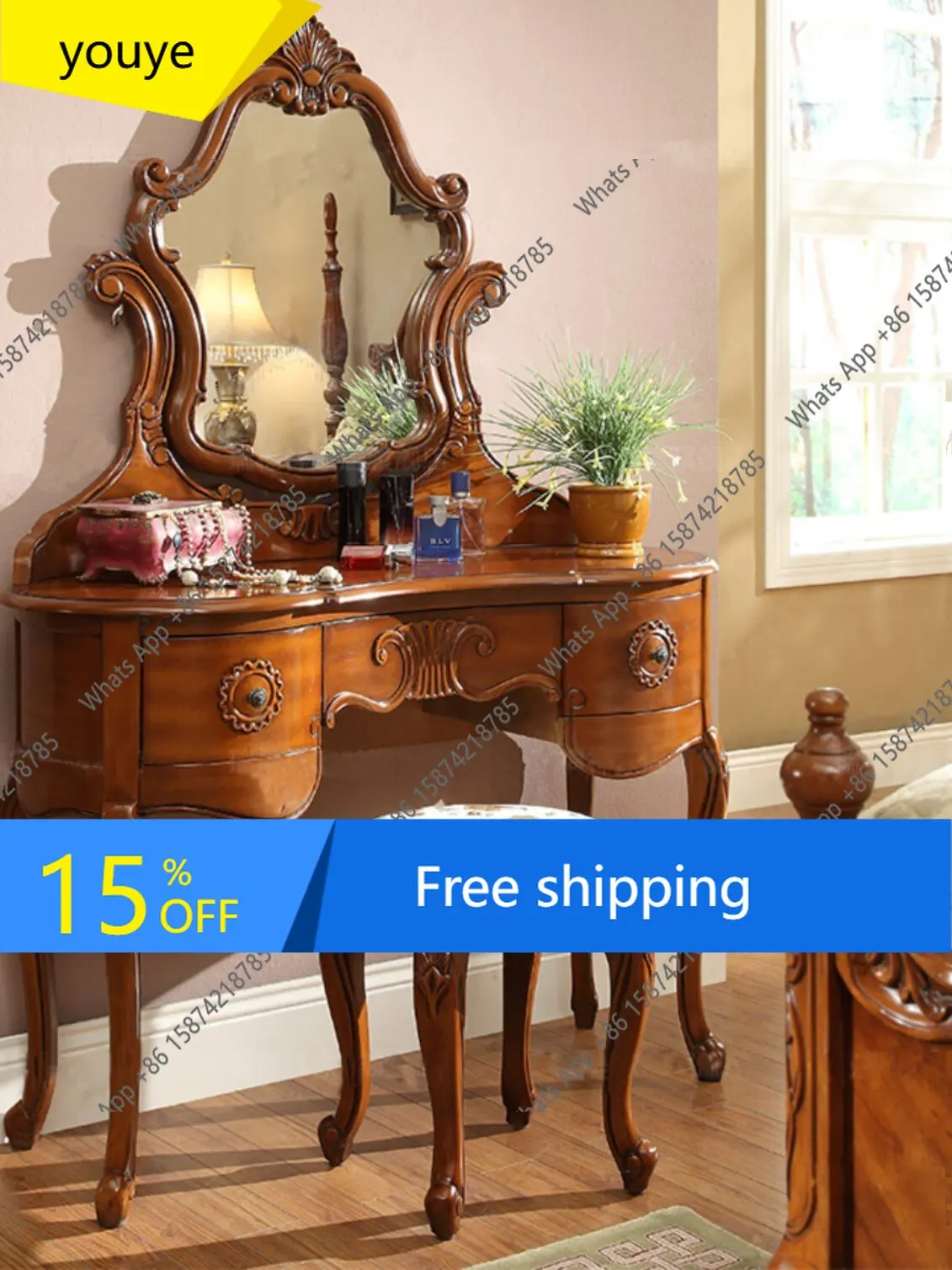 N65 American dresser solid wood small apartment bedroom dresser European dresser luxury carved retro makeup table