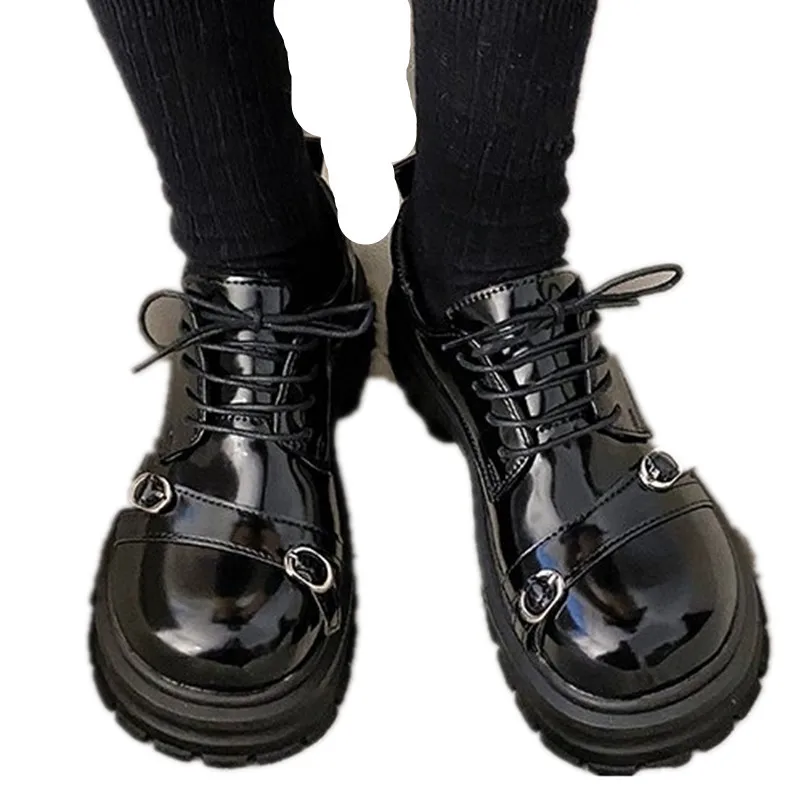 2024 NEW LeShion of Plus Size 35- 39 Women Designer Chunky Heels Shoes Thick Platform Buckle Lace-up Goth Flat Shoes Ladies Chic