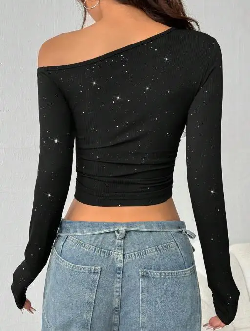 ホットガールホットドリリングスロープショルダー長袖Tシャツ女性2025春スリムフィットニットベーストップ