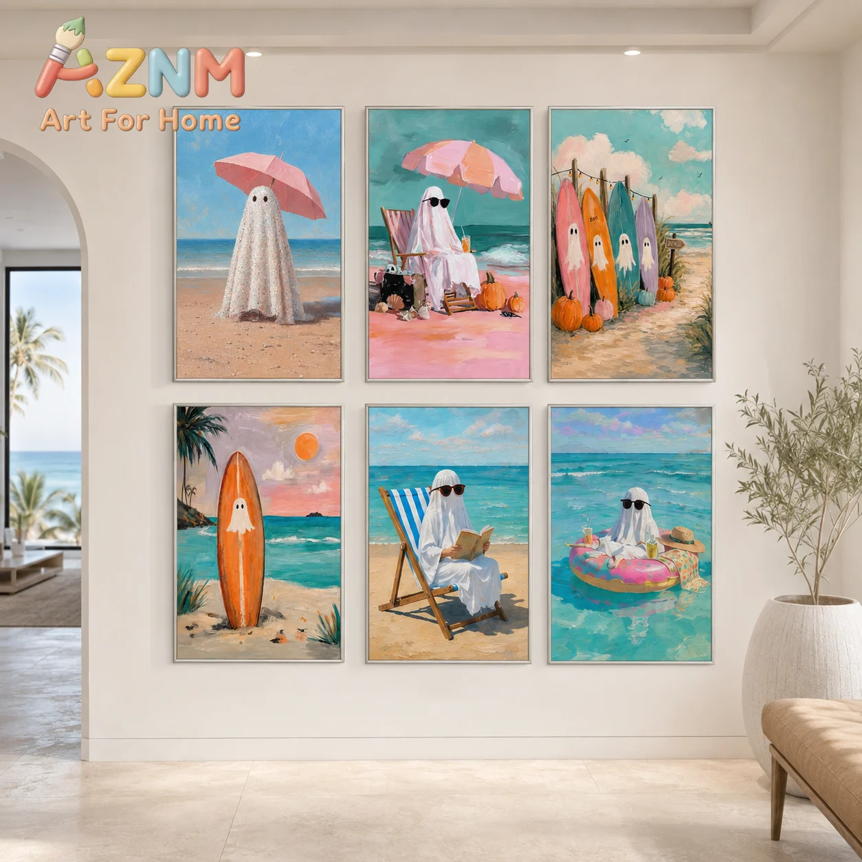 Pastel Beach Ghost Canvas Gallery Wall Prints Cute Summer Spooky  Coastal Wall Art Bright Tone Halloween Summer Home Decor Gift