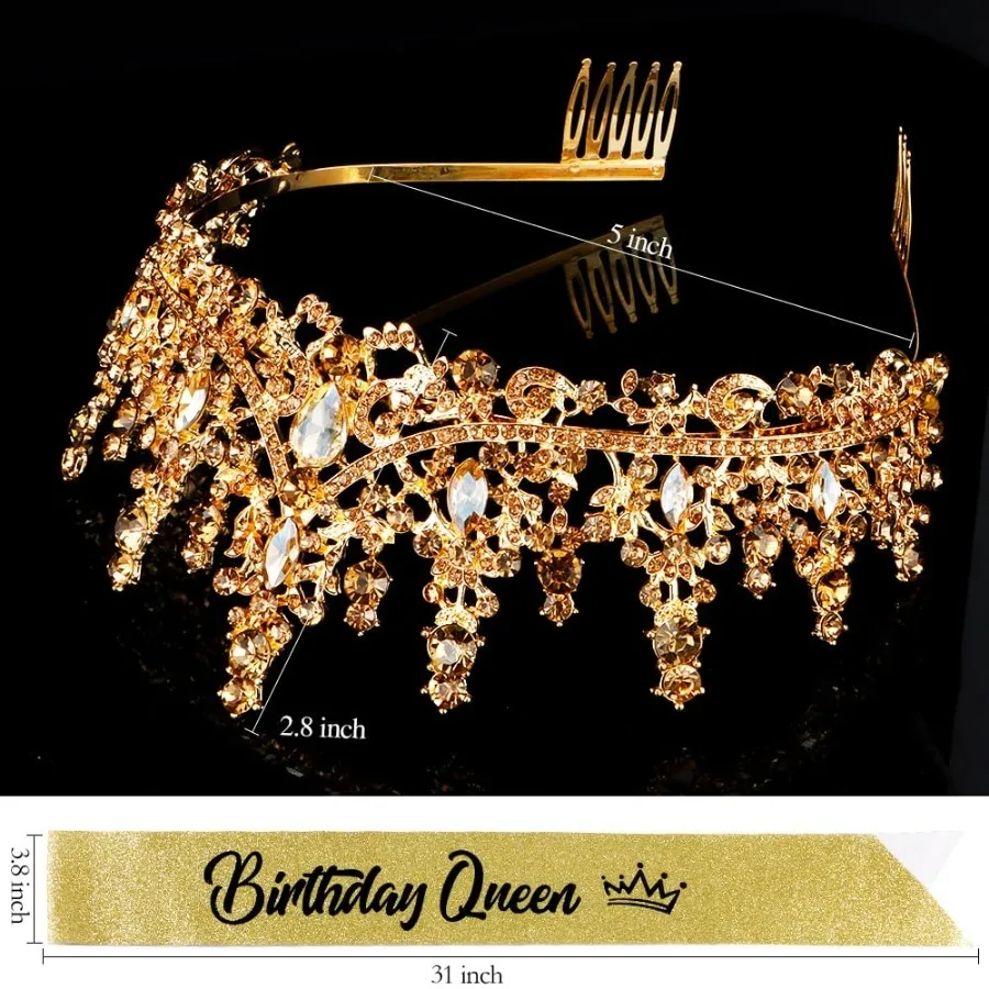 Barocke Strass-Geburtstagsköniginnen-Schärpe mit Krone, Tiara und Stirnband, Geburtstags-Schärpe mit Anstecknadel, Happy Birthday Party Dekoration – Detail 22