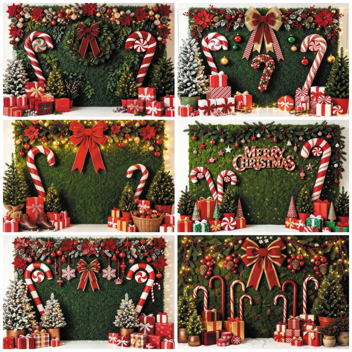 Christmas Green Grass Wall Photography Backdrop Candy Cane Big Bow Gift Xmas Tree Background Kids Holiday Portrait Party Decor