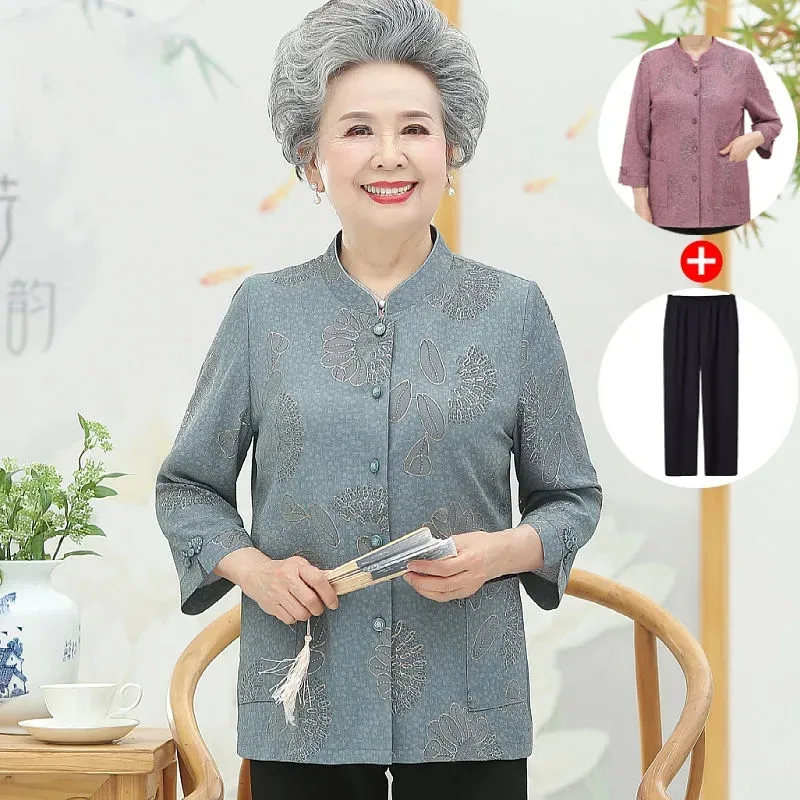 XL-5XL Elderly Women Blouse Spring Autumn Three Quarter Sleeves Print Shirts Casual Female Cardigan Tops Grandmother Blusa W178