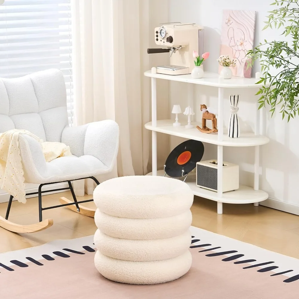 

Round Storage Ottoman, Modern Sherpa Footstool, Teddy Vanity Stool with Flip-Top Tray, Makeup Chair for Home Decor, Customized