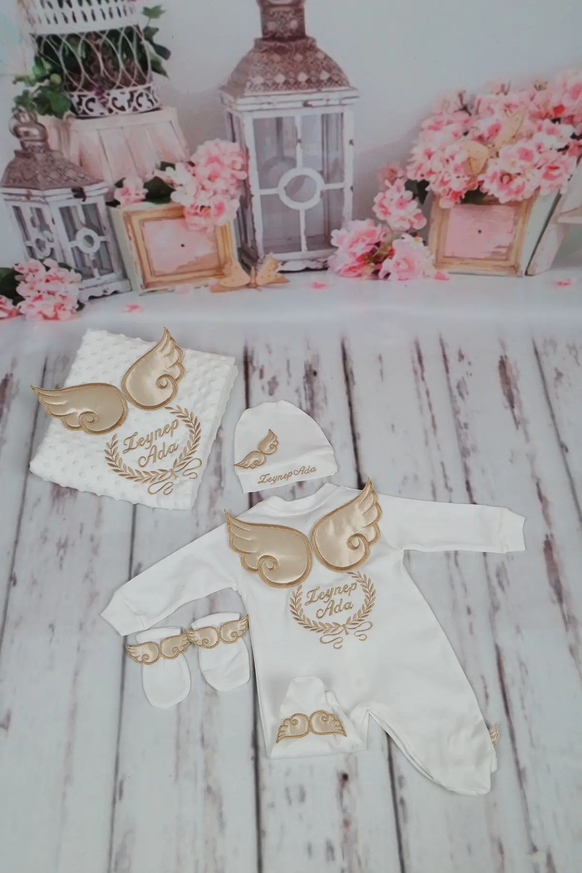 Dollbling Hospital Exit 3pcs Plus Blanket Embroidery Name Newborn Angle Wings Romper Blanket  Nursery Bedding Swaddle Outfit