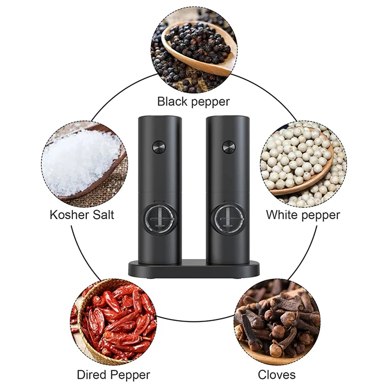 5 Coarse Levels Battery Operated Black Pepper Mill Burnisher Accessories Black With Base, Adjustable