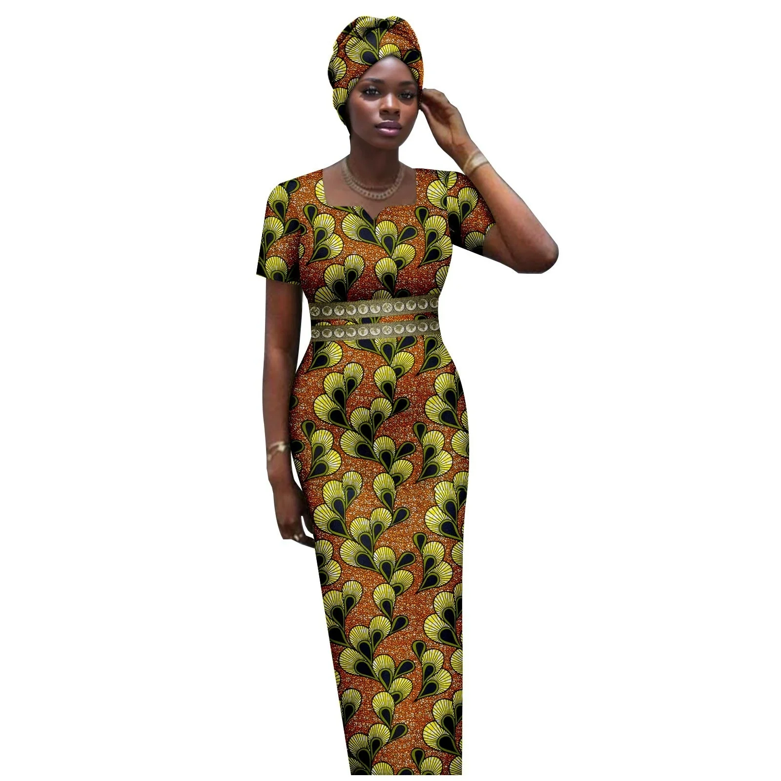 فساتين ماكسي أفريقية للنساء للحفلات بأكمام قصيرة فستان حورية البحر مع وشاح رأس أصلي لحفلات الزفاف أنقرة #4