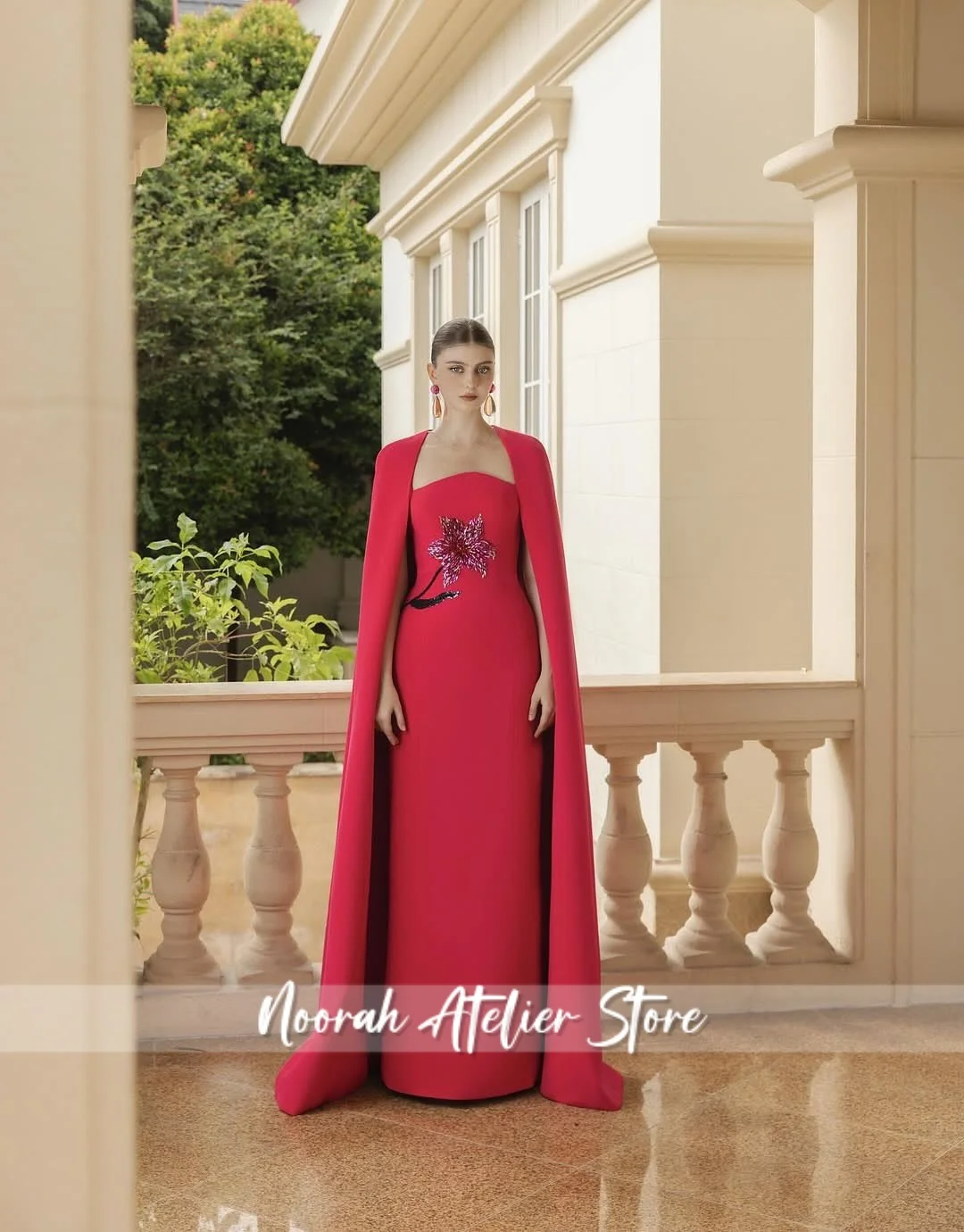 

Customized Red Beaded Long Cape Sleeves Luxury women Evening Dresses 2025 Women Dubai Square Collar Party Dresses Prom Dress