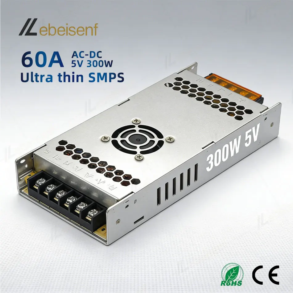 Fonte de alimentação chaveada AC para DC 5V 60A 300W, entrada 170-250V, alumínio ultrafino com ventilador de resfriamento para tela LED OLED LCD full color monitor transformador