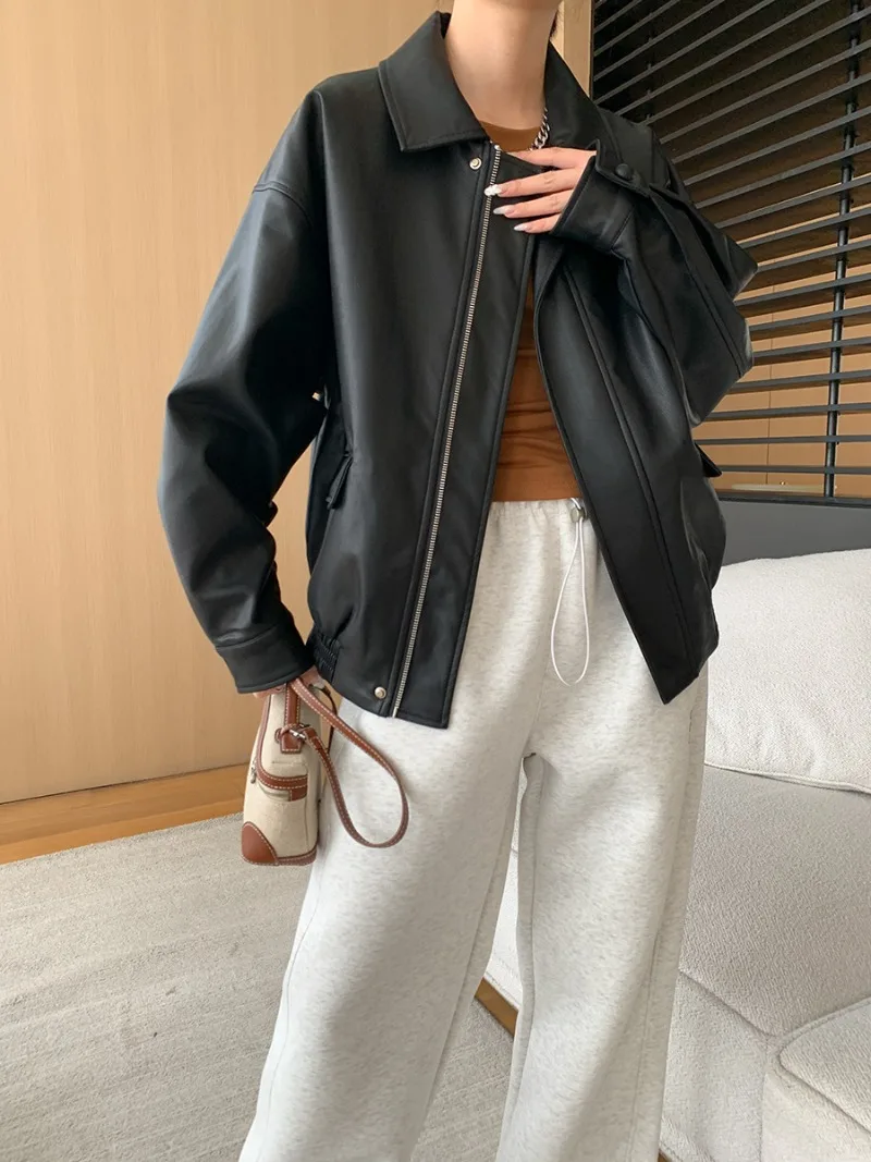 Vintage Casual PU Leather Jackets Turn-down Collar Long Sleeve Loose Casual Coat 2024 Fall Winter New Elegant Outwears Lady Top