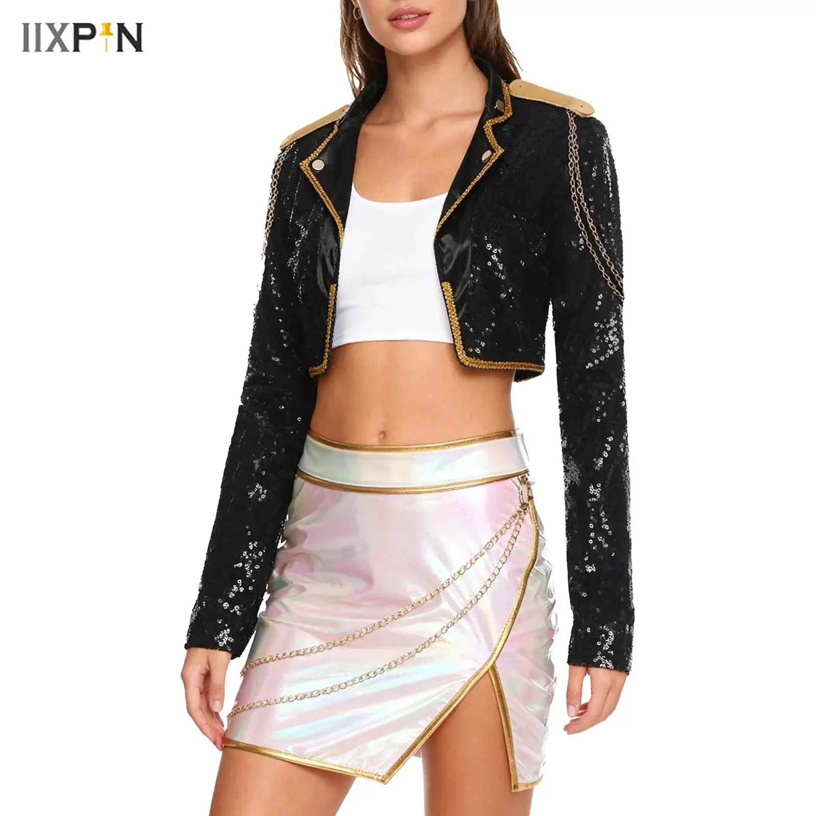 

Womens Kpop Singer Outfit Metal Chain Gold Webbing Trim Open Front Cardigan Cropped Jackets+Miniskirt for Party Stage Clubwear