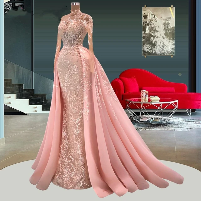 Blush Pink Lace 2023 Prom Dress Arabic Women Bride Gowns Plus Size Mermaid  Detachable Train Evening Night Dresses De Soiree - Prom Dresses - AliExpress