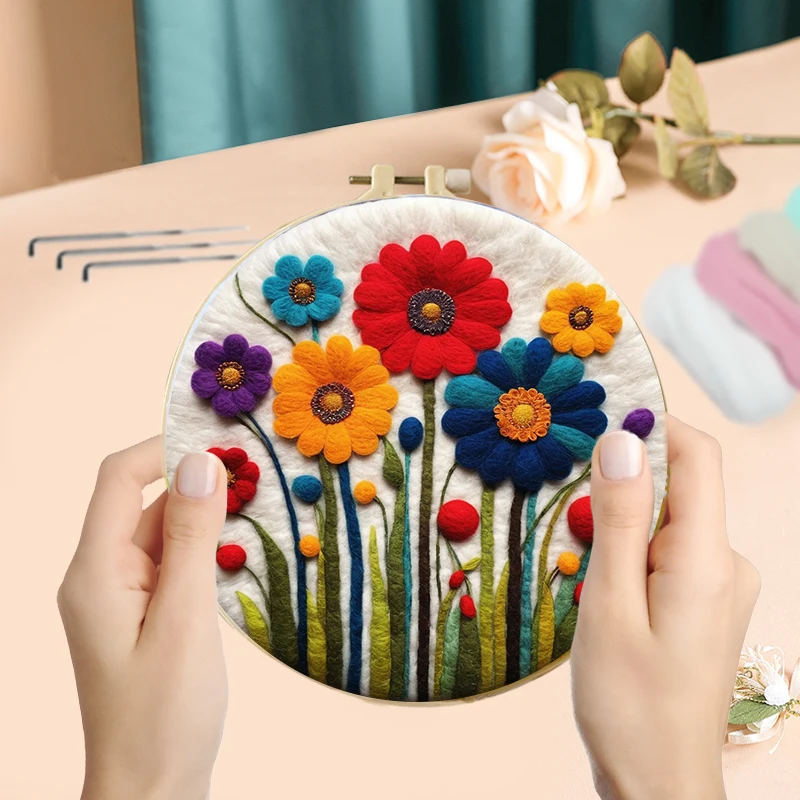 GATYZTORY Diy Wool Felt Painting Sunflower Kit Creative Wool Needle Felt Painting Colorful Flowers Craft Kit Art Gift Handicraft