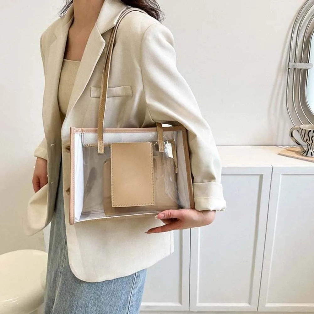 2 قطعة/المجموعة أنيقة شفافة حقيبة جيلي بو الجلود سعة كبيرة واضح بولي كلوريد الفينيل حقيبة كتف كيس التخزين لون الحلوى حقيبة يد المرأة