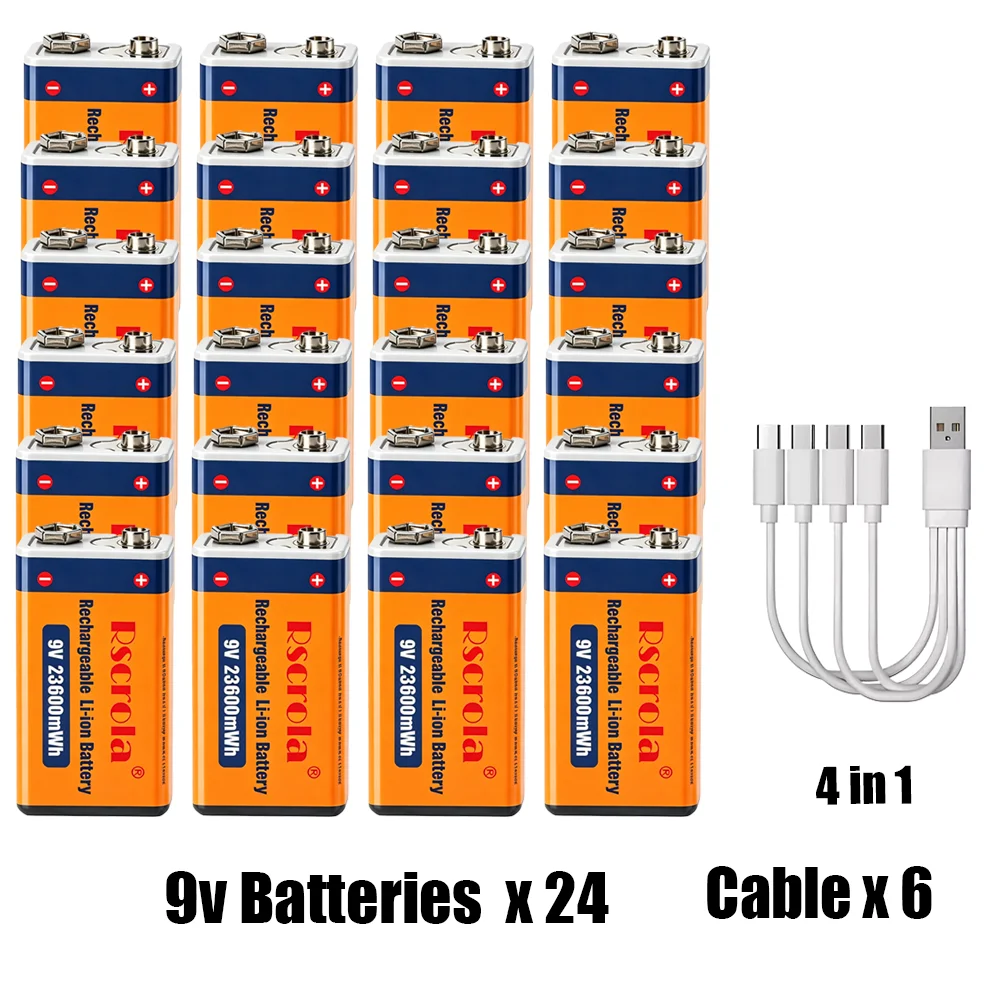 USB Rechargeable 9V Lithium ion Battery 23600mWh High Capacity Type-C Fast Charging for Guitar Microphone Toys Pedal with Cable