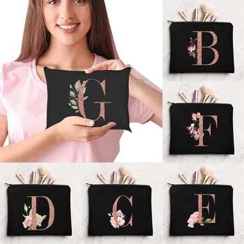 Bolsa con cremallera de lino con estampado de letras de oro rosa para Mujer, organizador de viaje, Bolsa de cosméticos para Mujer, bolsa de maquillaje, Bolsas de maquillaje para dama de honor