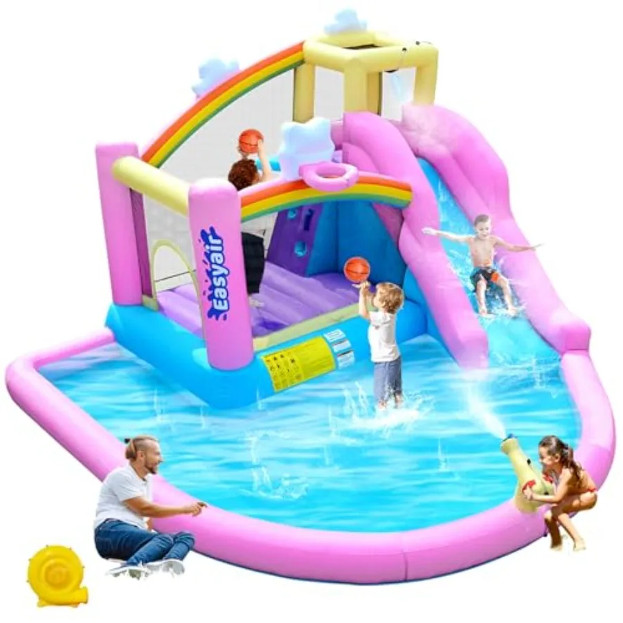 Backyard inflatable bounce house water slide combo: PVC, blue/red, includes climbing wall, basketball hoop, splash pool, and bl