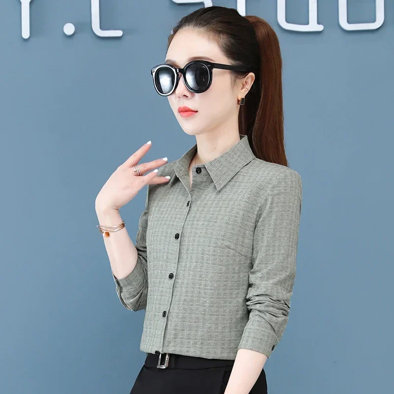 Women\'s long sleeve slimming shirt, Korean casual versatile top, pure cotton, flip collar, spring and autumn fashion, new