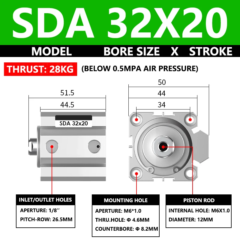

ABILKEEN SDA32X20 SDA Series Thin Air Cylinder 32MM Female Thread Bore X 20MM Stroke Double Acting Pneumatic Compact Cylinder