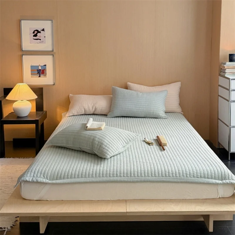 1piece Quilted Stripe Bed Thicken Sheet Pure Washed Cotton Mattress Cover Korean Style Solid Bed Cover Bedspread Drop Shipping