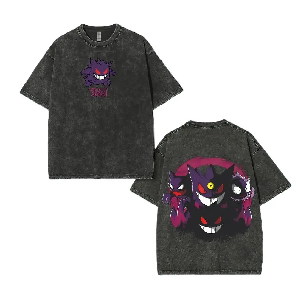 

Футболка Pokemon 2026 Summer Vintage из выстиранного хлопка, оверсайз, в уличном стиле, с принтом Gengar Gastly Haunter спереди и сзади, Ghost