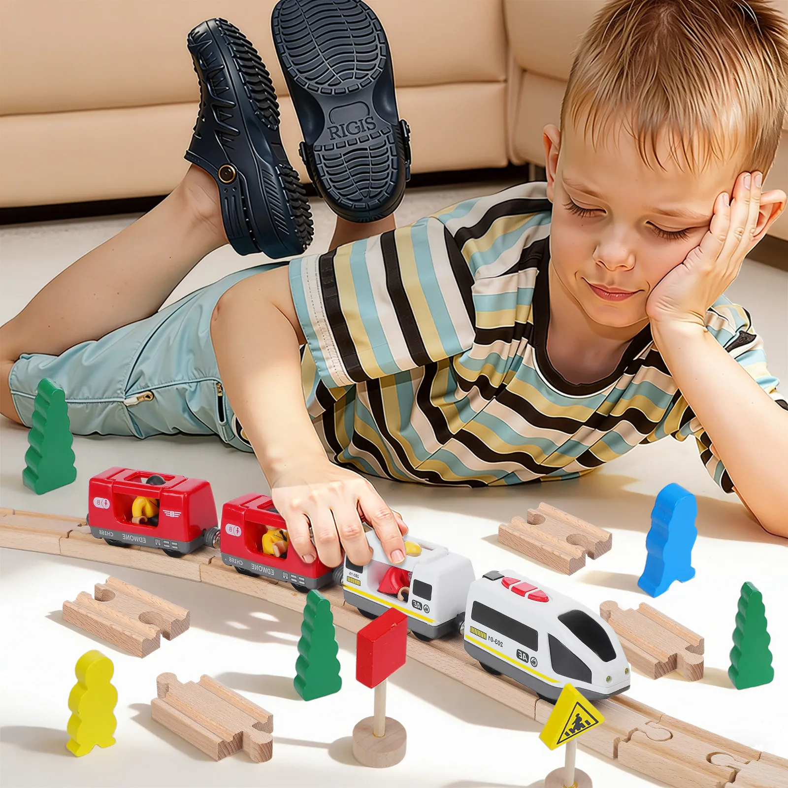 

18Pcs Wooden Train Track Expansion Set Smooth Edges Safe for Kids Compatible with Major Brands Educational Railway Playset for 3