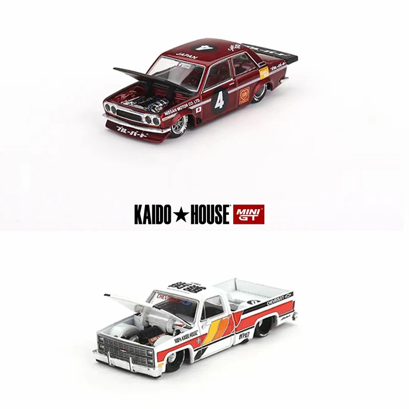 

Mini GT+KaiDo 1:64 Model Car Datsun 510 Pro Street & Silverado Open Hood Alloy Die-Cast Vehicle