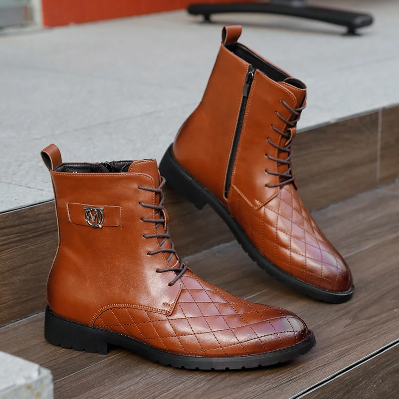 

Men High Top Boots with PU Splicing Low Heel Fashion Bare Boots Classic Business Men Boots