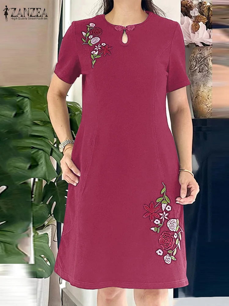 

ZANZEA Summer Short Sleeve Embroidery Floral Sundress Vestidos Stylish Women Cheongsam Dress Fashion Party Knee-length Robe