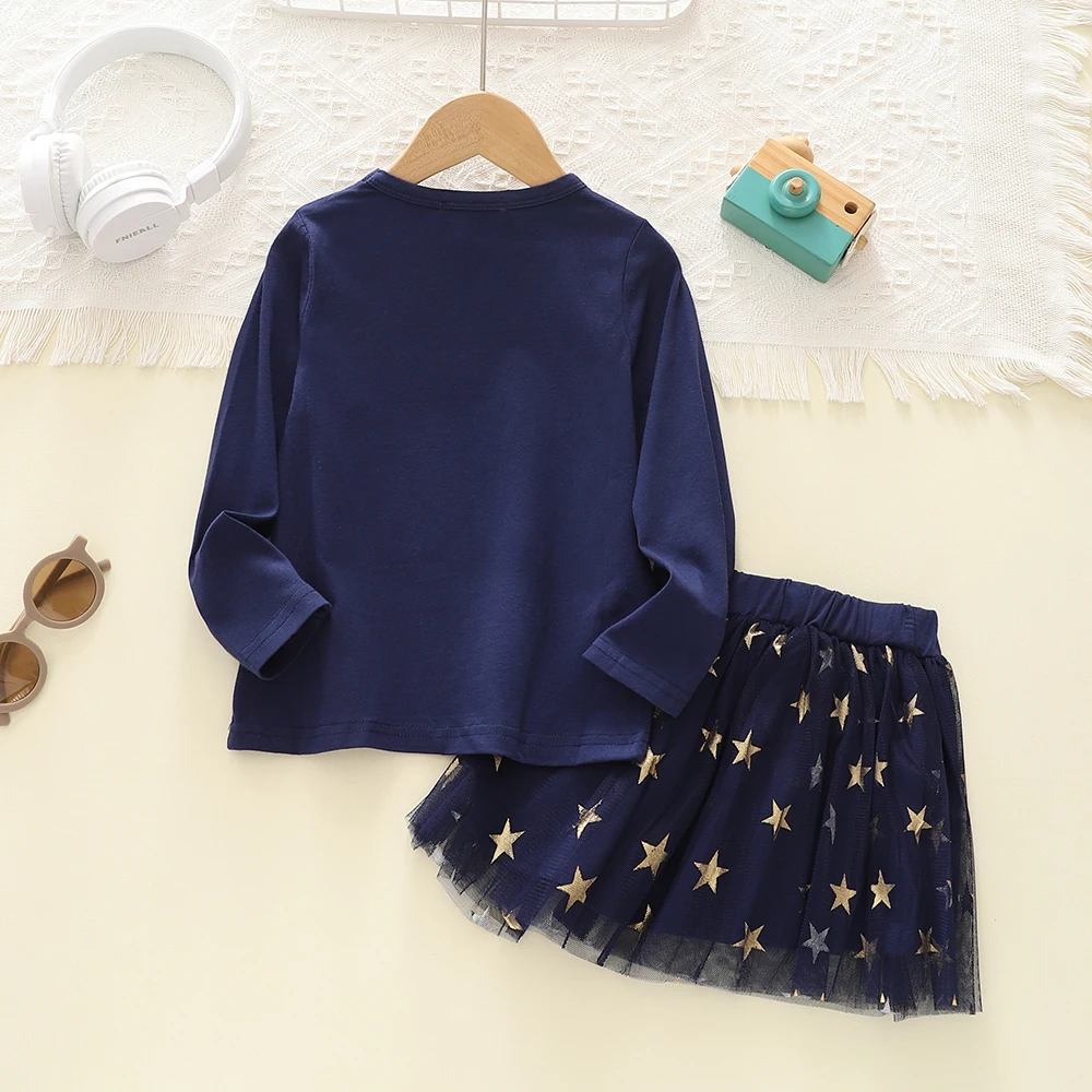 Humor Bear Girl Clothes Sets Autumn Long-Sleeved Mask Letter Top+  Star Tulle Skirt 2PCS  Outfits Kids Clothes