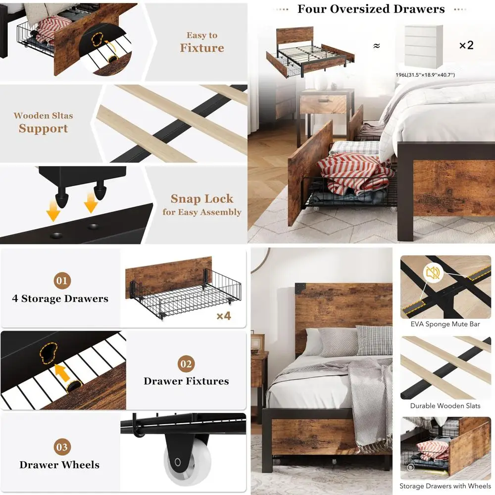 

Винтажная кровать-платформа размера Queen с 4 ящиками, дерево и металл, большой объем хранения, не требует пружинного блока, бесшумная.