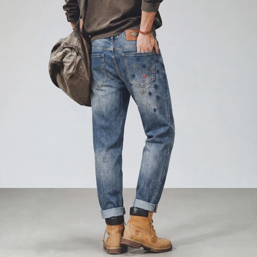 Men's Autumn Winter Thick Jeans Star Embroidery High Waisted Straight Leg Pants Elastic Casual Wear-resistant Men's Pants