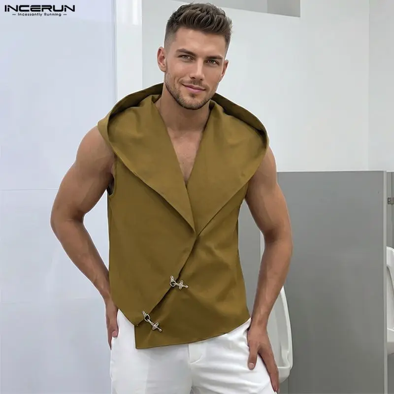 INCERUN Men Tank Tops Solid Hooded Sleeveless Button Male Vests Streetwear Oversize Loose 2026 Fashion Irregular Tops For Man