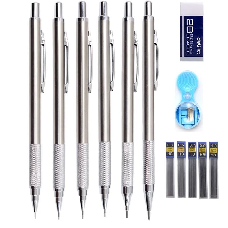 Metal Automatic Pencil With 0.3/0.5/0.7/0.9/1.3/2.0 MM Lead All-Metal Automatic Low Center of Gravity Non-Slip Grip Non-rust