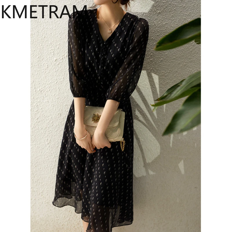 KMETRAM Mulberry Silk Polka Dot Floral Dress for Women 2024 Summer High-end French Style Dresses Mid-length Women's Clothing