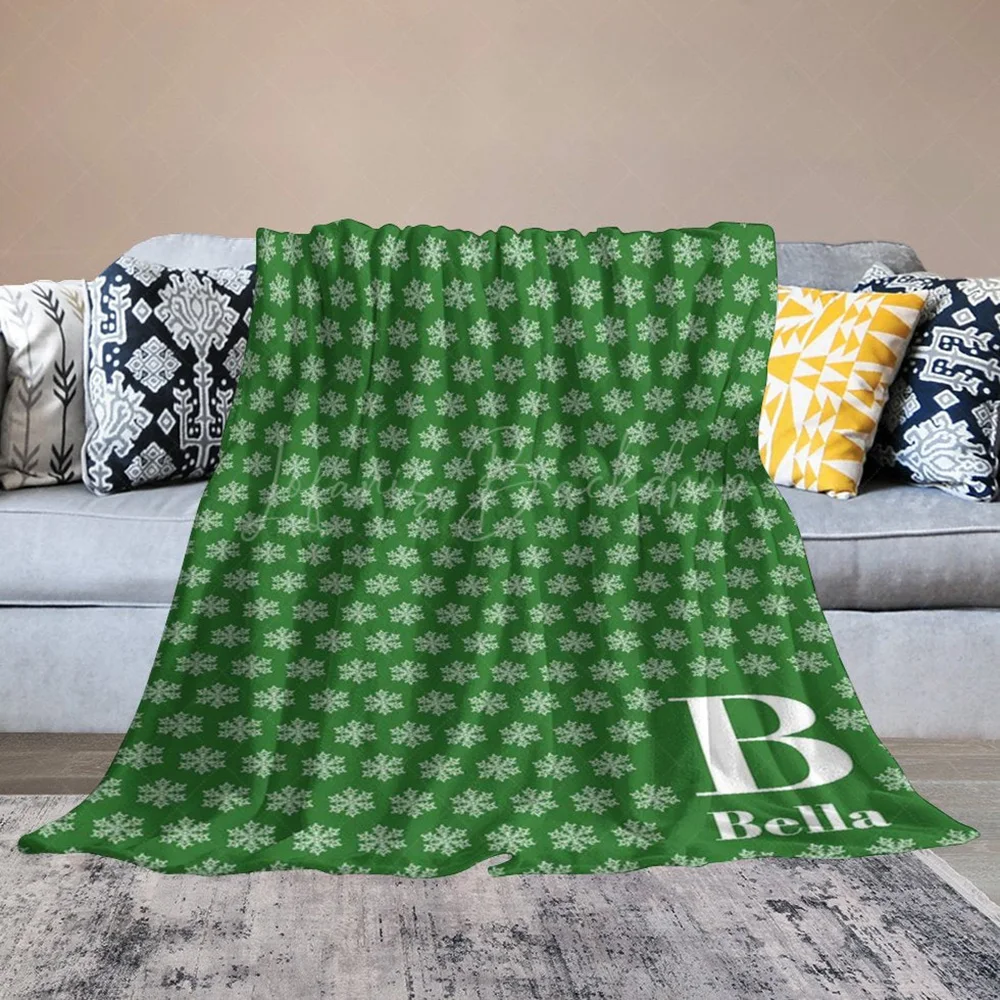 Green White Winter Snowflakes Custom Name Blanket for Family, Personalized Christmas Holiday Throw Birthday New Year Gifts