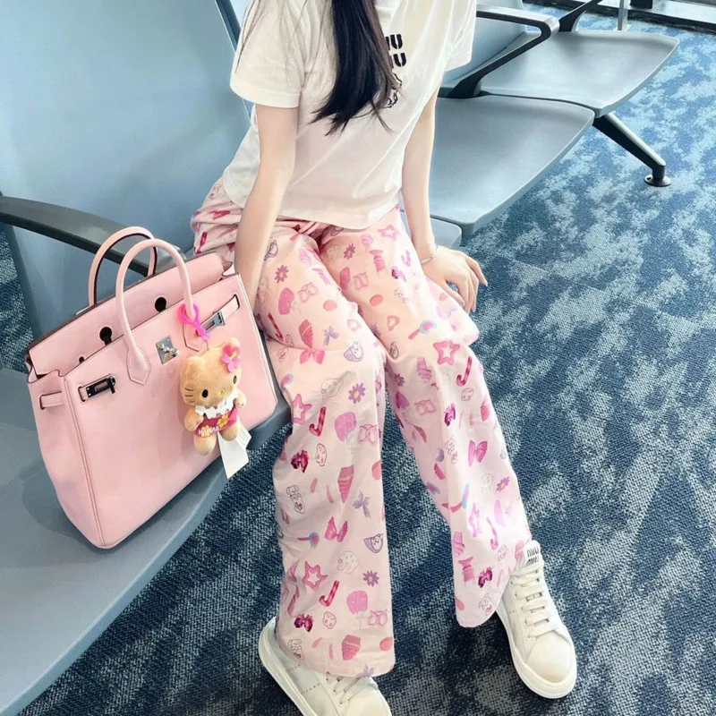 Korean Style Cartoon Pink Wide Leg Pants For Women Spring Summer Drawstring Loose Trousers Y2k Female Sweet Full Printed Pants