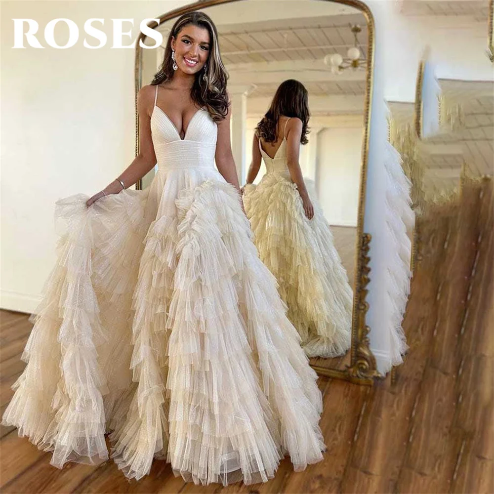 

ROSES Simple White Evening Dress V-Neck Tulle A-Line Tiered Corset Prom Dress with Pleats Spaghetti Strap 프롬드레스 Party Dresses